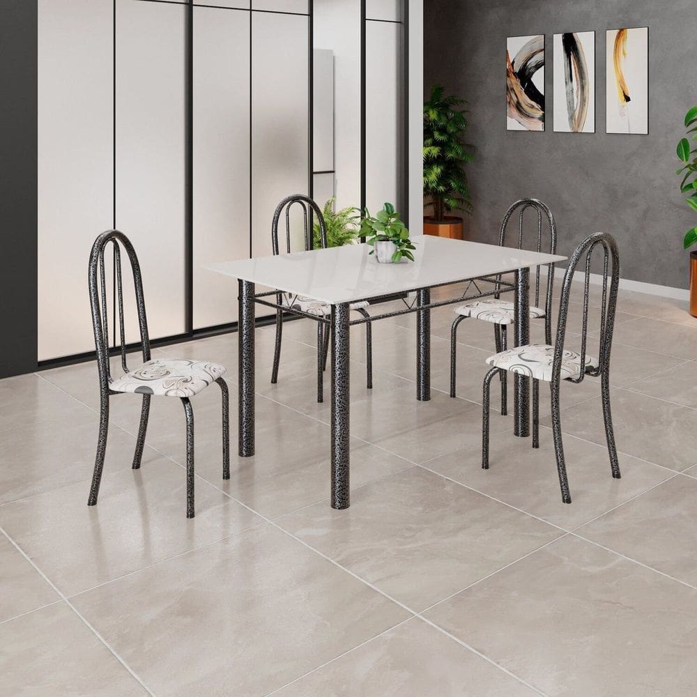 Conjunto de Mesa Tubular 120cm X 75cm Tampo em Vidro com 4 Cadeiras Iris B Off White/ Prata