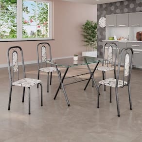 Conjunto de Mesa Tampo de Vidro com 4 Cadeiras Lívia Mart Prata