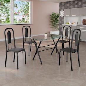 Conjunto de Mesa Tubular 100x60cm Tampo de Vidro com 4 Cadeiras Lívia Preto TXT