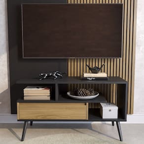 Rack Aparador Estante para Tv 55 Polegadas com Porta Nicho Prateleira Pés Palito Retro Preto/Freijó