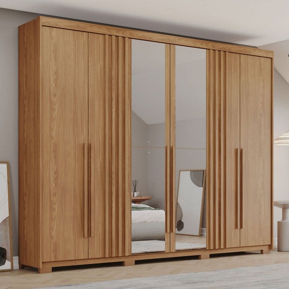 Guarda-Roupa Casal Ravé 6 Portas 4 Gavetas com Espelho Flex Natural - Pnr Móveis