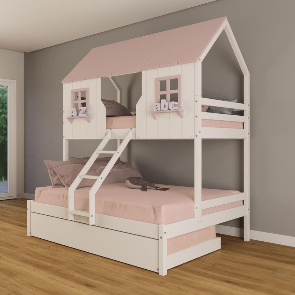 Treliche Casal/ Solteiro Casinha Encantada Madeira Maciça Branco/ Rosa Housin