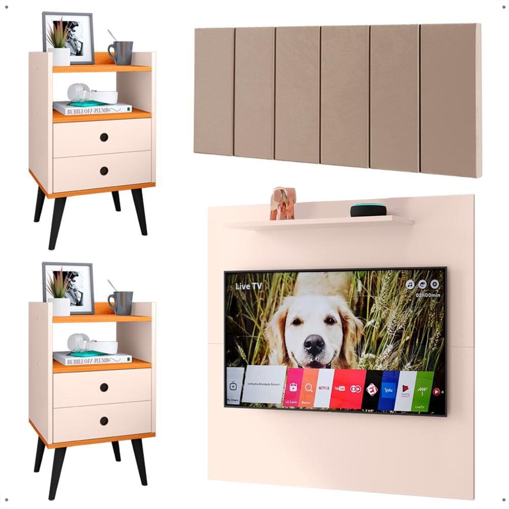 Jogo Quarto 2 Mesinhas Retrô Gavetas Nicho Painel Tv 32 Polegadas Sala Cabeceira Suspensa Almofadada Cama Box King Size 1,95 - Lojas RPM