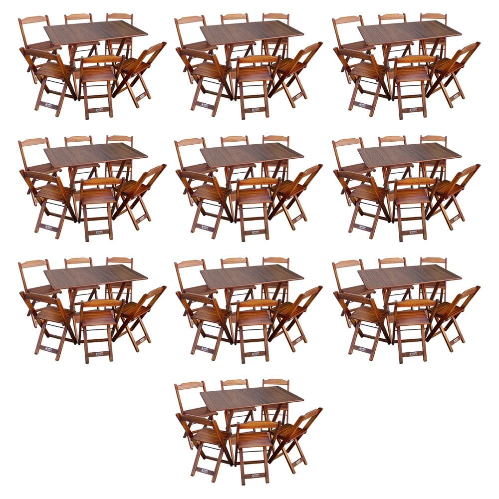 Kit 10 Conjuntos de Mesa Dobráveis de Madeira 70x110cm com 6 Cadeiras Imbuia