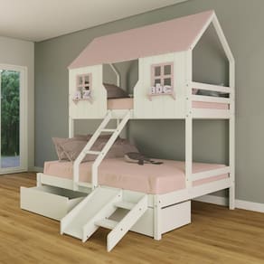 Beliche Casal/ Solteiro Casinha Encantada com 02 Gavetas Kit Escada/ Escorregador Madeira Maciça Branco/ Rosa Housin