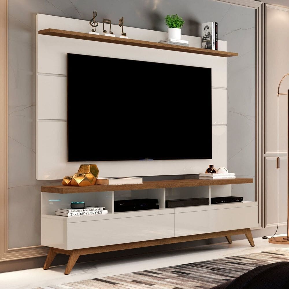 Rack com Painel para Tv 60 Polegadas Pés em Madeira Maciça Off White/Freijó