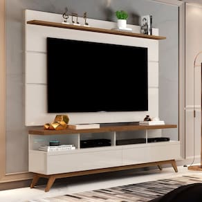 Rack com Painel para Tv 60 Polegadas Pés em Madeira Maciça Off White/Freijó