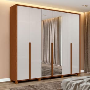 Guarda Roupa Casal 100% MDF 6 Portas Easy Move 2,40 Com Espelho e Pés Frassino/Off White