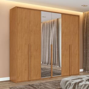 Guarda Roupa Casal 100% MDF 6 Portas Easy Move 2,40 Com Espelhos Amendoa Clean