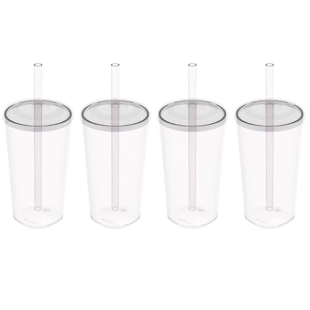 4 Copos com Tampa e Canudo 500ml Crippa Transparente Plástico Água Suco Bebidas