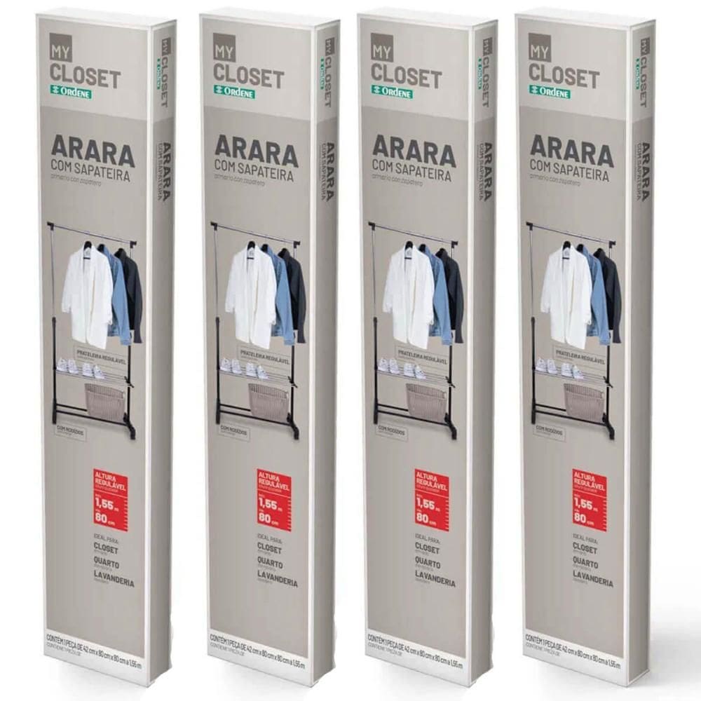 Kit 4 Araras Sapateira Regulável 80 a 155cm Ordene Expositor Calçados Closet Rodinhas My Closet