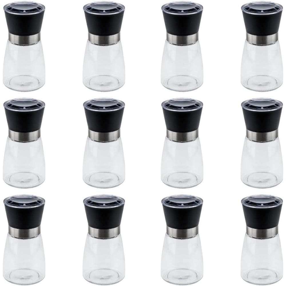 Kit 12 Moedores de Sal e Pimenta Lyor 170ml Vidro Moinho de Cerâmica e Tampa Plástica Preta