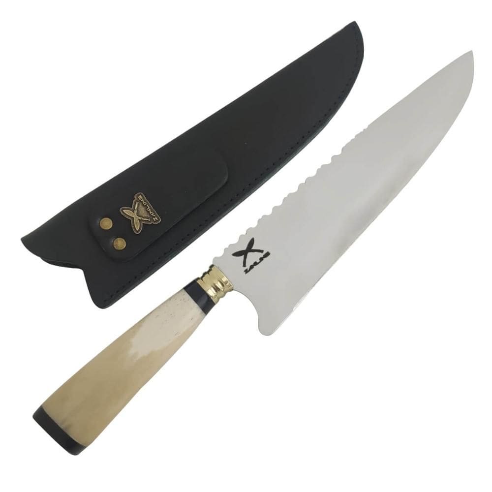 Faca Picanheira Artesanal Churrasco Aço Inox 9` Cabo Osso Bainha de Couro Zanline