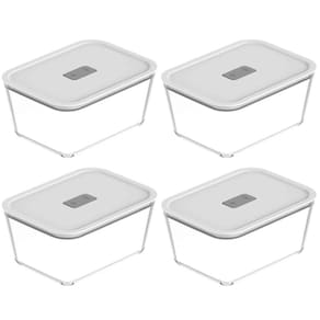 Kit 4 Potes De Vidro Hermético 2400ml Fresh Lock Branco com Tampa para Forno Microondas