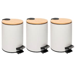 Kit 3 Lixeiras Redonda 5L Metal com Pedal Branca Tampa Bambu Balde Interno Banheiro Genebra