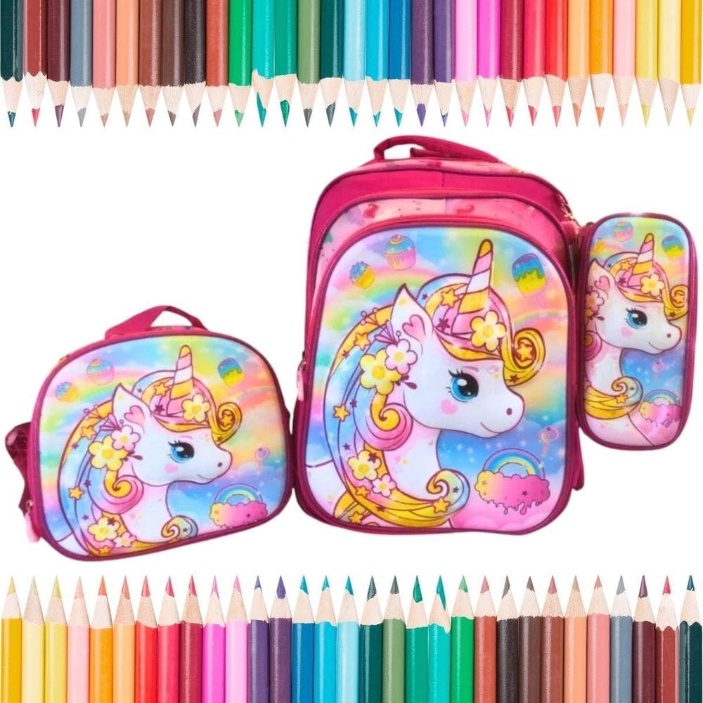 Kit Lancheira Mochila E Estojo Unicórnio Feminino Rosa