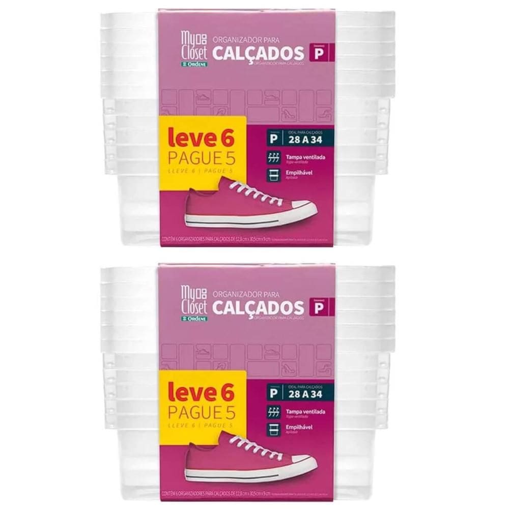 Kit 12 Caixas de Sapato Ordene Pequena 28 a 34 Empilhável Transparente