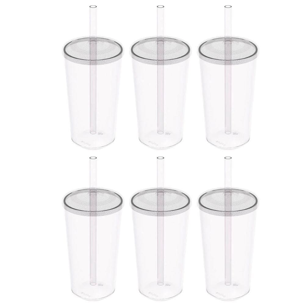 Kit 6 Copos com Tampa e Canudo 500ml Crippa Transparente Plástico Água Suco Bebidas