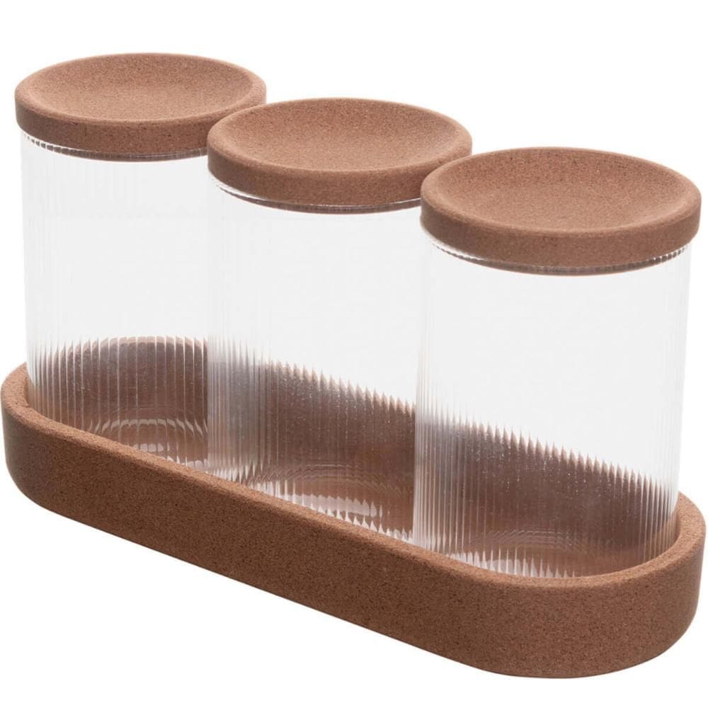 Suporte 3 Potes de Vidro Lyor 500ml Tampa Rolha Porta Mantim