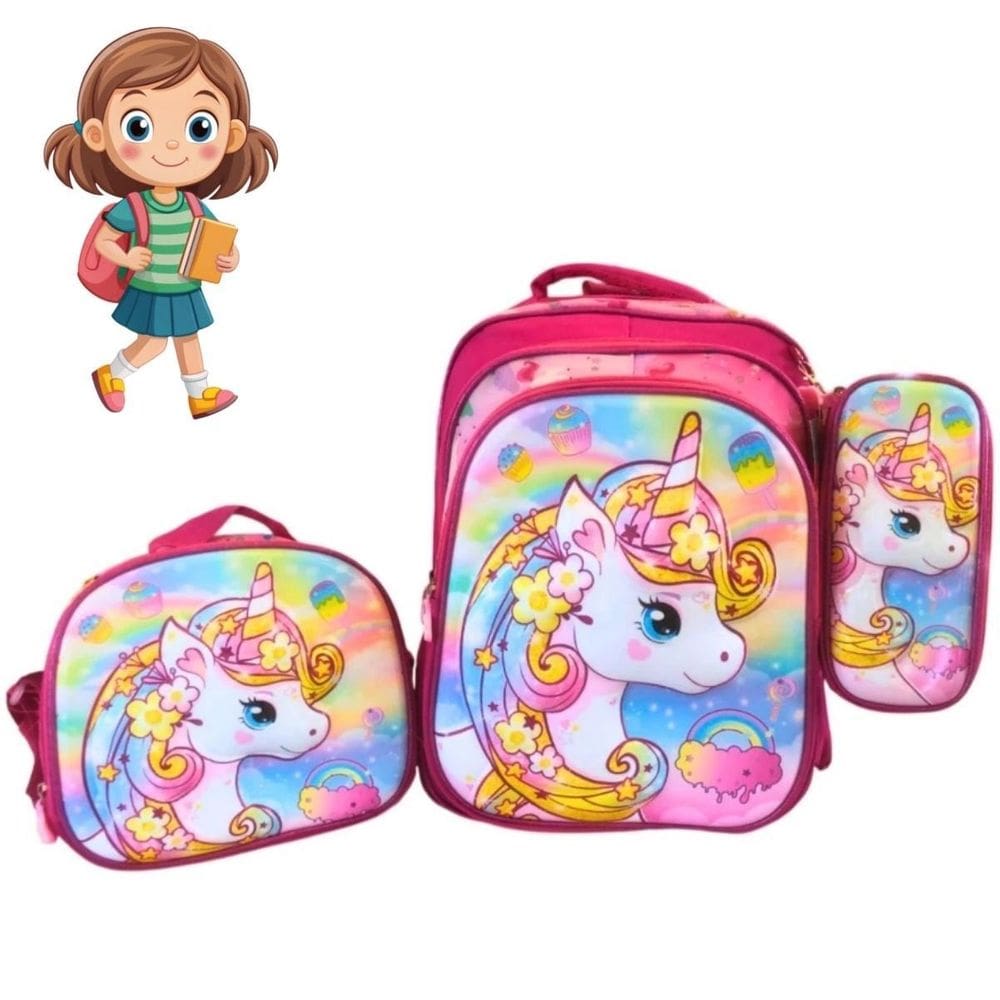 Kit Escolar Unicórnio Lancheira Mochila E Estojo Infantil