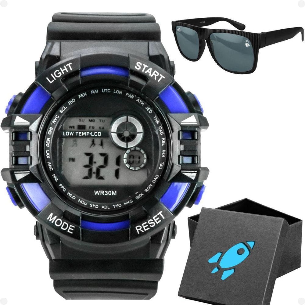 Relogio Digital Preto Infantil Menino + Oculos Sol + Caixa