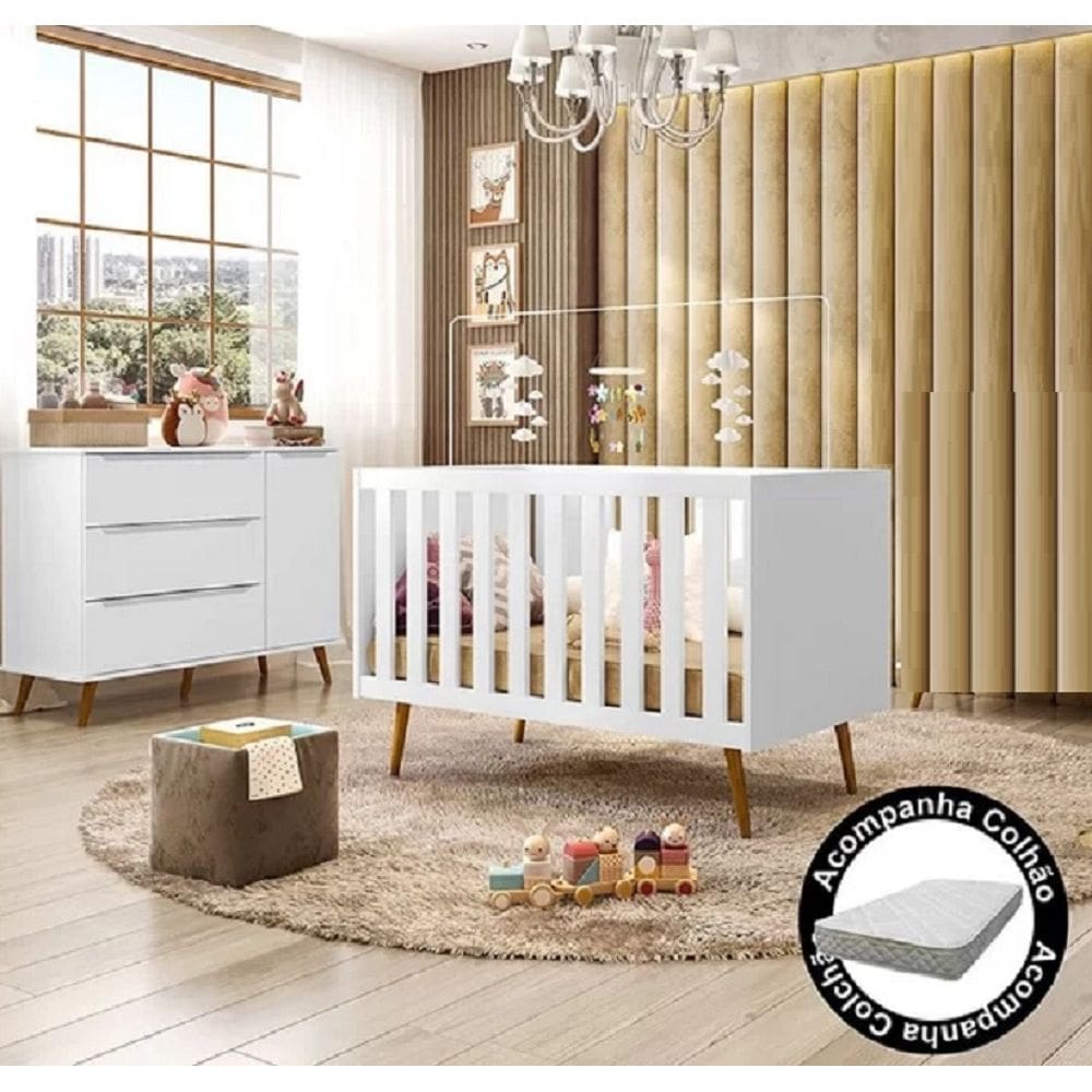 Berço Infantil Mini Cama Encanto com Comoda Lunna e Colchão 70x130m - Branco