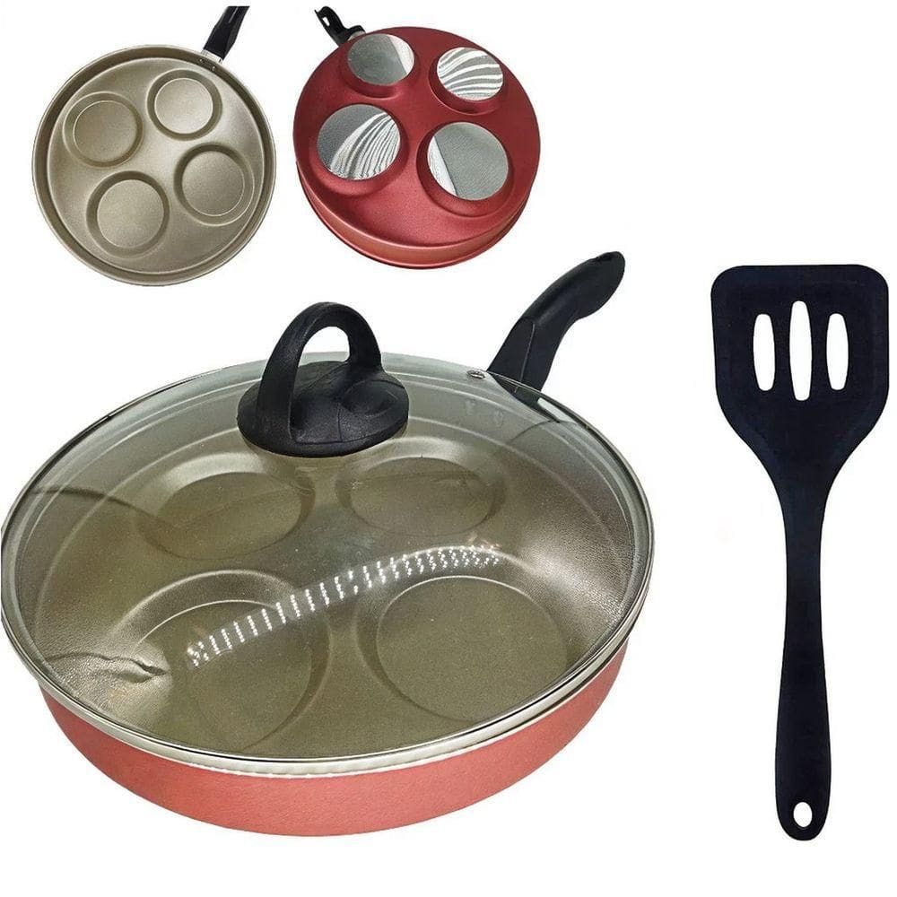 Frigideira 26 Cm 4 Ovos Hambúrguer Tampa De Vidro E Espátula Antiaderente