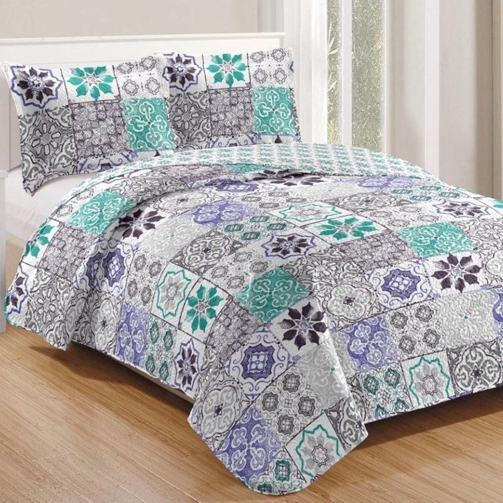 Kit Cobre Leito Colcha Mix Queen Estampado 3 Peças - Thaís