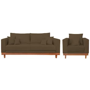 Kit 1 Poltrona Living Suede + Sofá 3 Lugares Com Almofadas Marrom