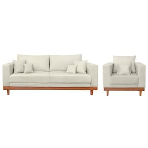 Kit 1 Poltrona Living Suede + Sofá 3 Lugares Com Almofadas Bege