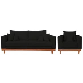 Kit 1 Poltrona Living Suede + Sofá 3 Lugares Com Almofadas Preto