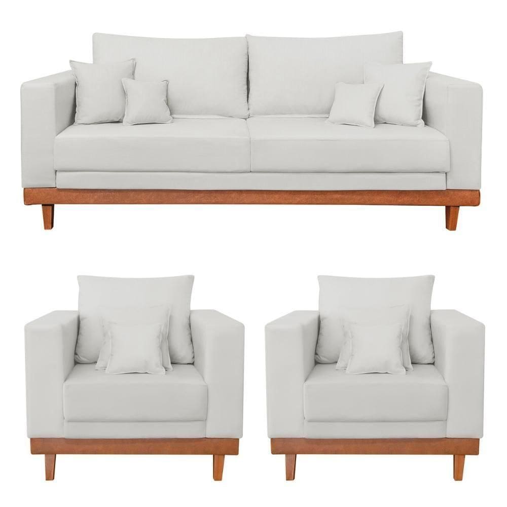 Kit 2 Poltronas Living + Sofá 2 Lugares Base Madeira Linho Bege