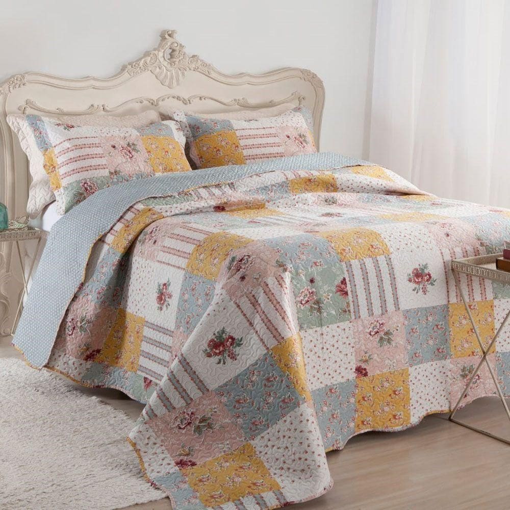 Kit Cobre Leito Colcha Mix Queen Estampado 3 Peças - Luana