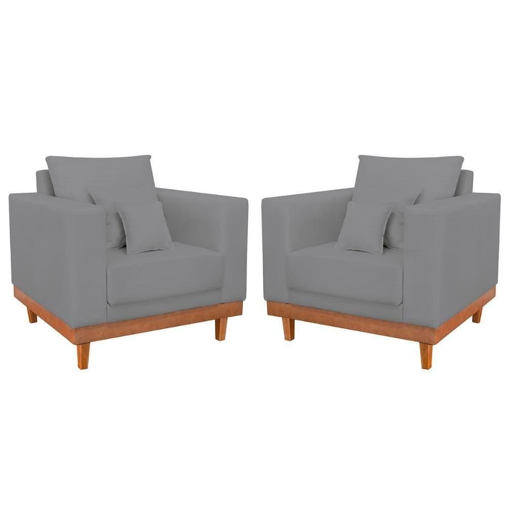 Kit 02 Poltronas Living Linho Base Resistente + Almofadas Grafite