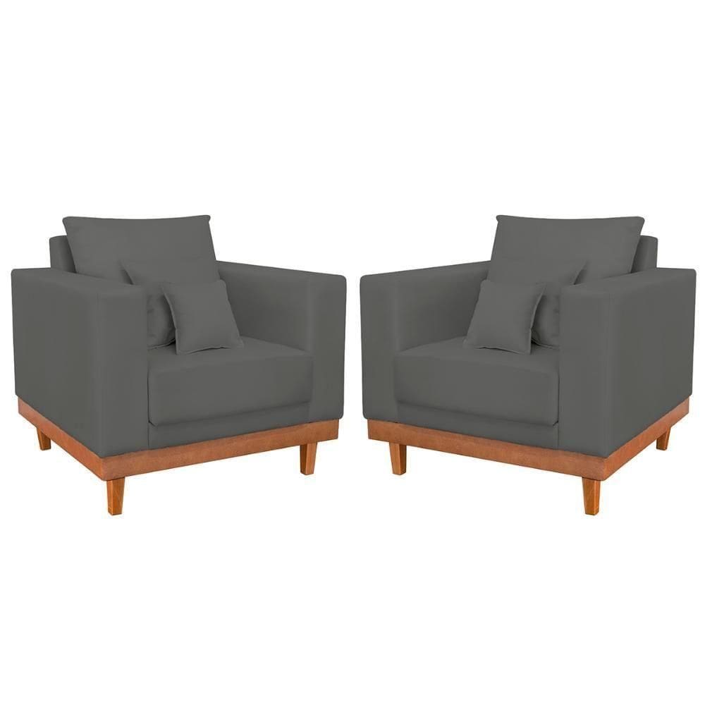Kit 02 Poltronas Living Suede Base Resistente + Almofadas Cinza