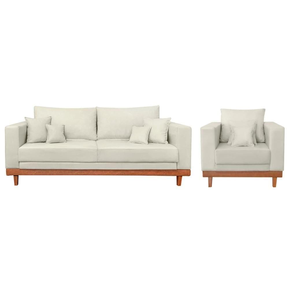 Kit 1 Poltrona Living Suede + Sofá 2 Lugares Com Almofadas Bege