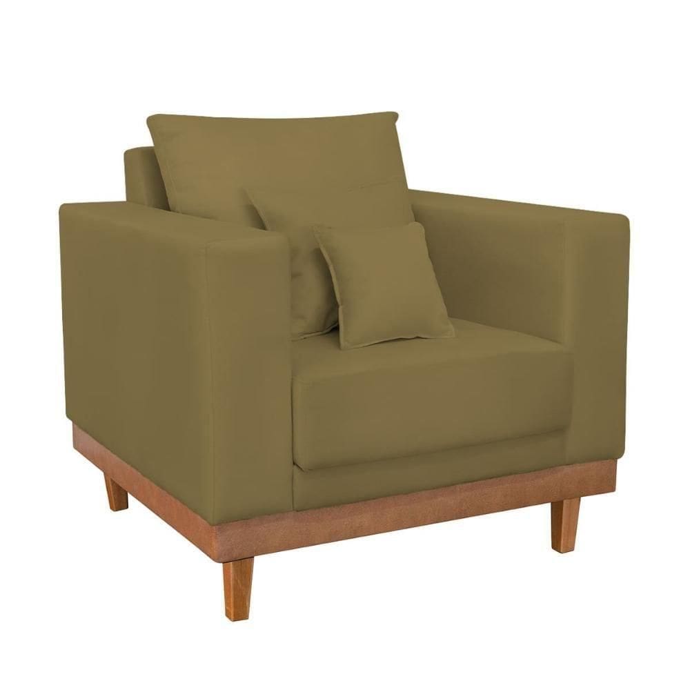 Poltrona Living Confortável Suede Pés Madeira Com Almofadas Capuccino