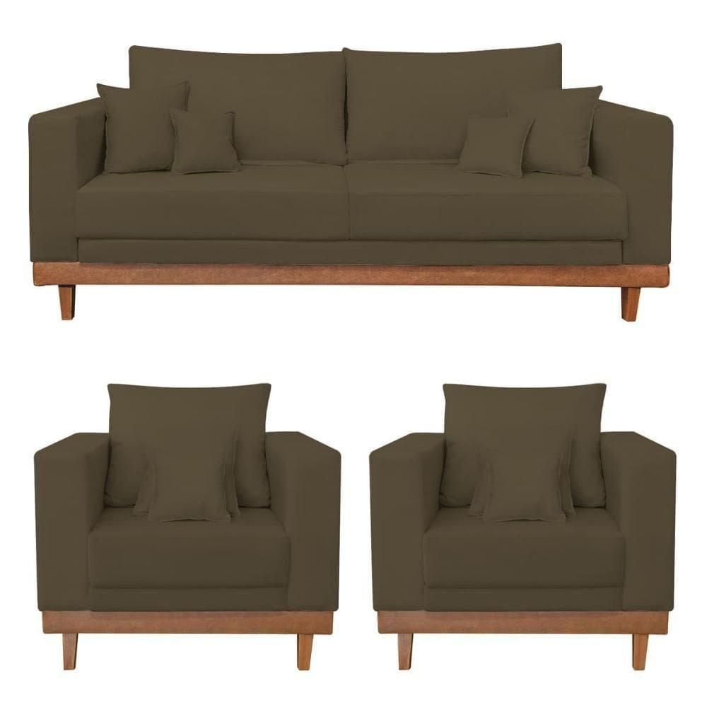 Kit 2 Poltronas Living + Sofá 3 Lugares Base Madeira Suede Marrom