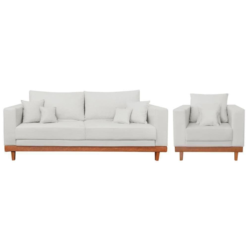 Kit 1 Poltrona Living Linho + Sofá 2 Lugares Com Almofadas Bege