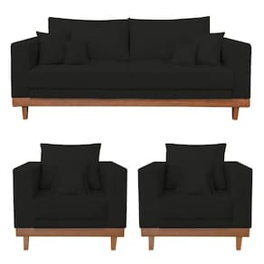 Kit 2 Poltronas Living + Sofá 3 Lugares Base Madeira Suede Preto
