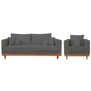 Kit 1 Poltrona Living Suede + Sofá 3 Lugares Com Almofadas Cinza