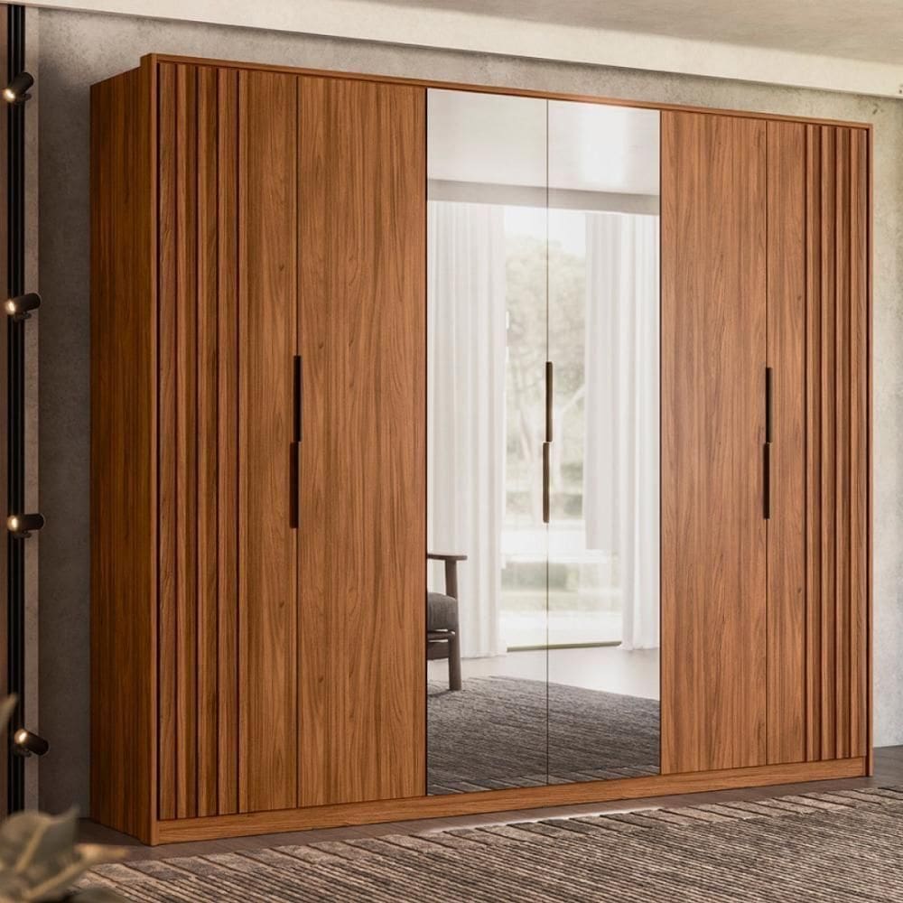 Guarda Roupa Casal 6 Portas Com Ripado E Com Espelho 6 Gavetas Equador Nogueira Touch