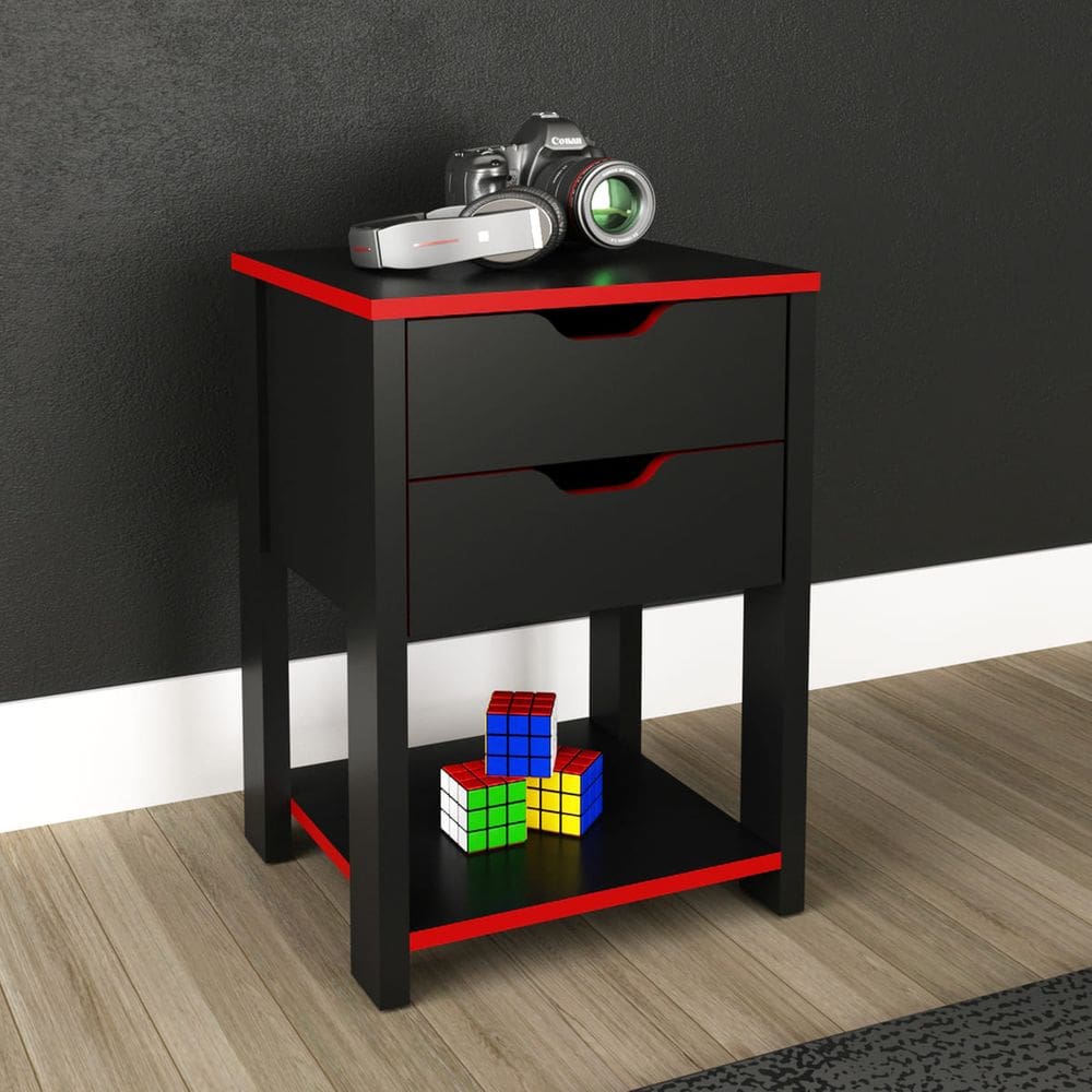 Gaveteiro Gamer com 2 Gavetas ME4163 Preto Vermelho