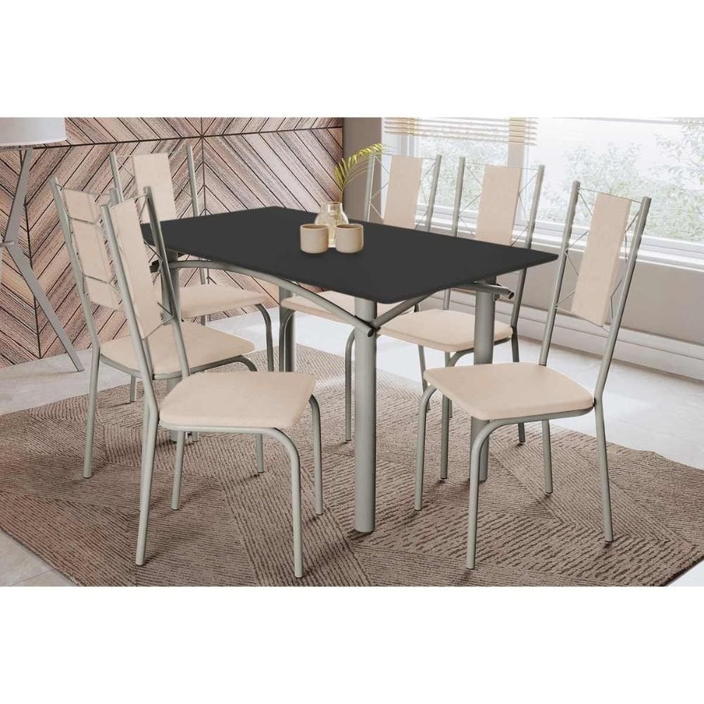 Sala de Jantar Completa Elba Tampo Madeirado c/ Vidro 160cm e 6 Cadeiras Lisboa Niquel/Preto - Courano Bege - Kappesberg