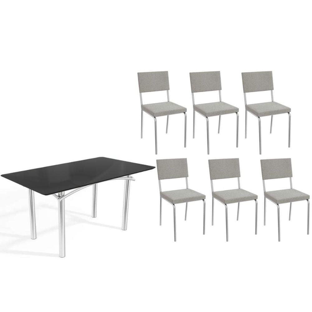 Sala de Jantar Completa Elba Tampo Madeirado c/ Vidro 160cm e 6 Cadeiras Zaria Cromada/Preto - Boucle Cinza - Kappesberg