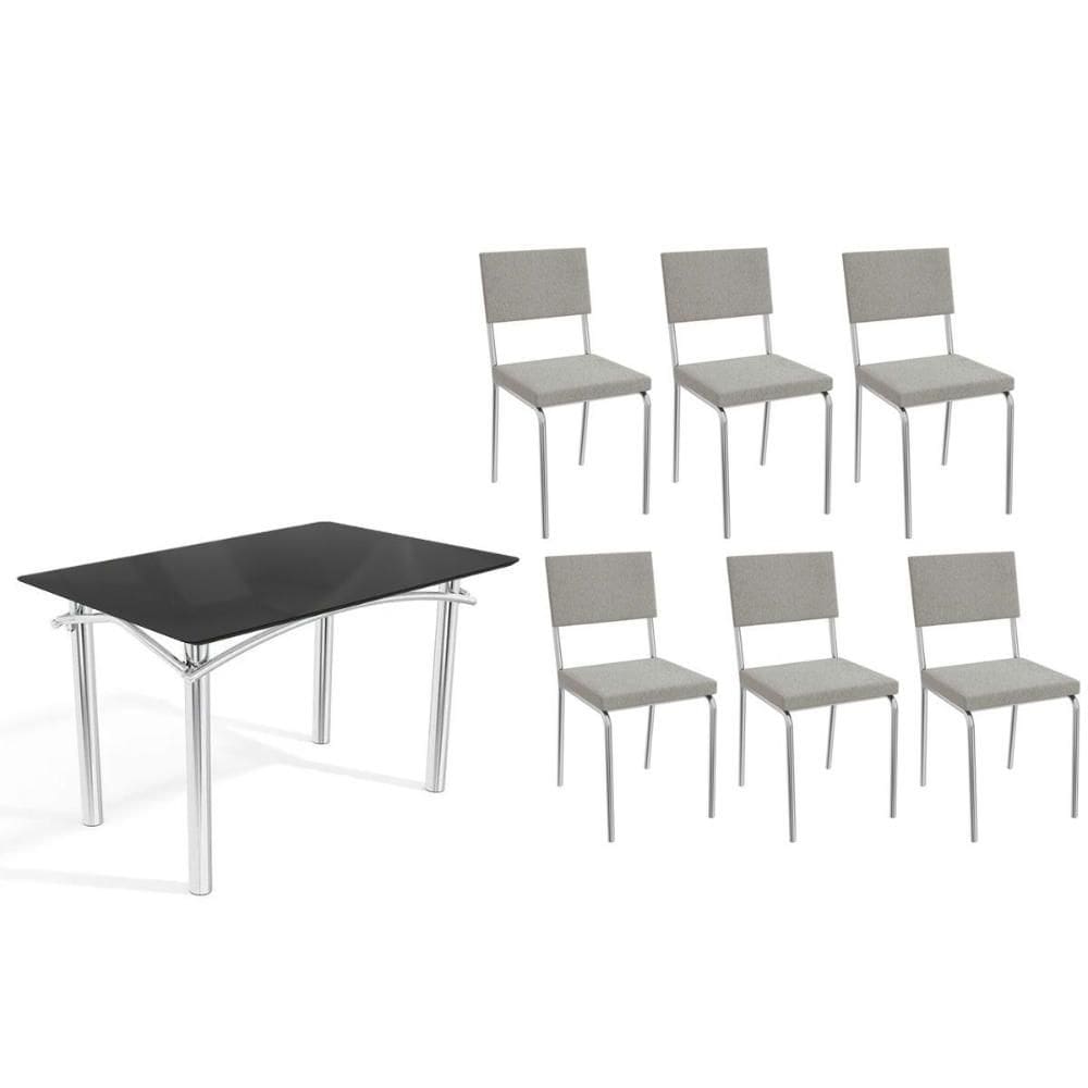 Sala de Jantar Completa Elba Tampo Madeirado c/ Vidro 120cm e 6 Cadeiras Zaria Cromada/Preto - Boucle Cinza - Kappesberg