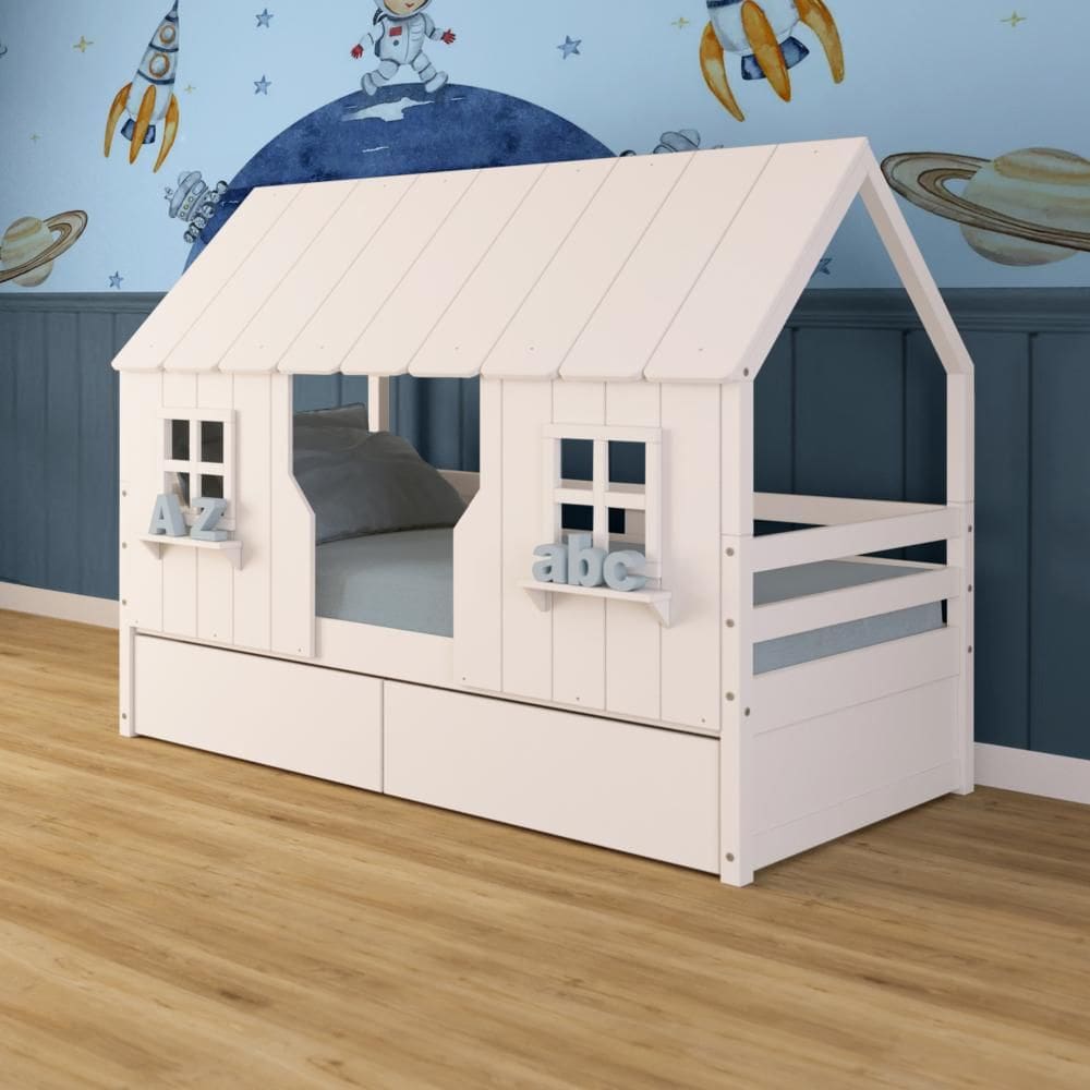 Cama Casinha Encantada com 02 Gavetas Madeira Maciça Branco Megamobilia