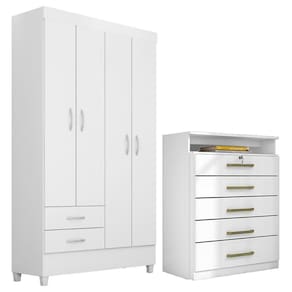 Kit Guarda Roupa Solteiro 4 Portas Astro Cômoda Triunfo Branco