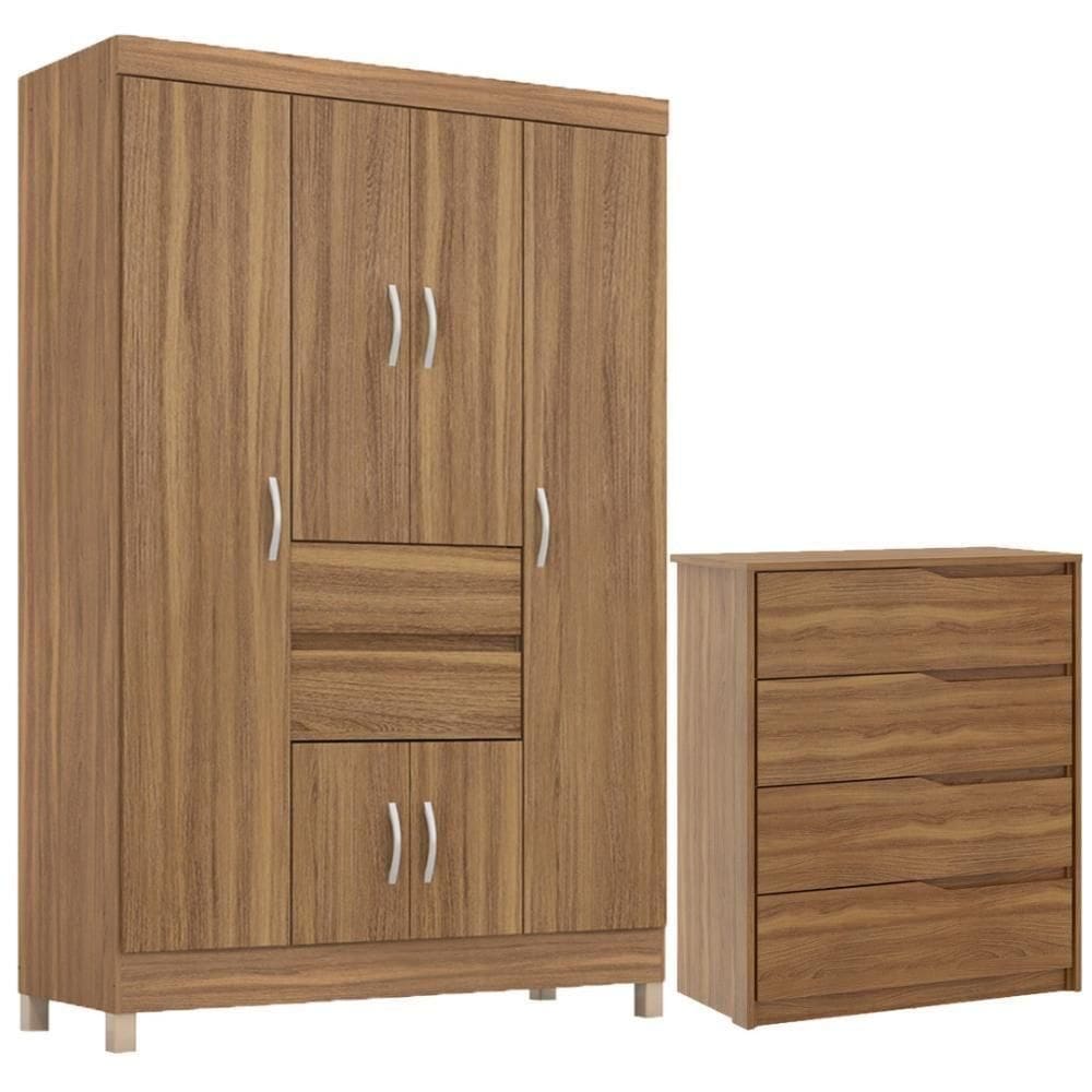 Kit Guarda Roupa Solteiro 6 Portas Ecom Ii Cômoda Atria Amêndola Touch