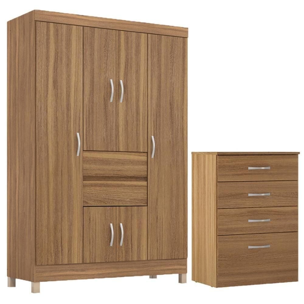 Kit Guarda Roupa Solteiro 6 Portas Ecom Ii Cômoda Astral Amêndola Touch